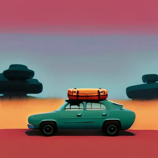 Image similar to goro fujita ilustration rear view of a car equipped with suitcases heading to the forest at sunset, painting by goro fujita, sharp focus, highly detailed, artstation