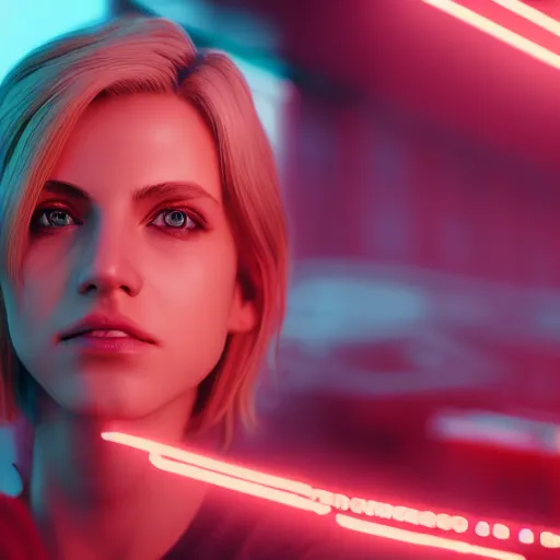 Image similar to Annie Leonhart in a neon city, octane render 8k, photorealistic render, atmospheric render, beautiful face, cute, love tension, realistic skin