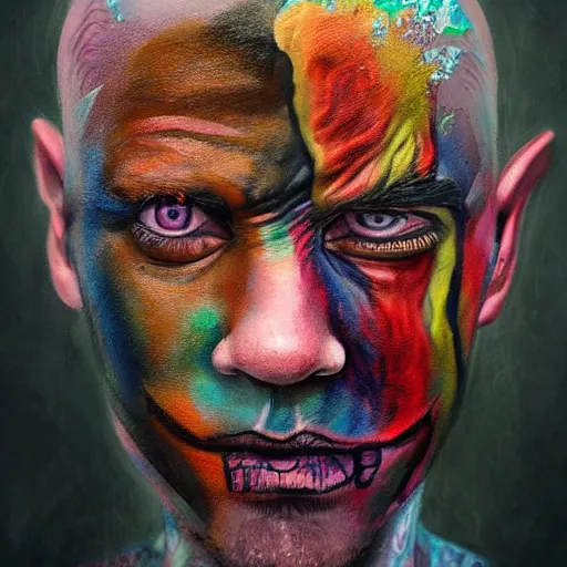 Image similar to a man with painted face and body art, a character portrait by sam spratt, featured on cgsociety, psychedelic art, detailed painting, behance hd, apocalypse art