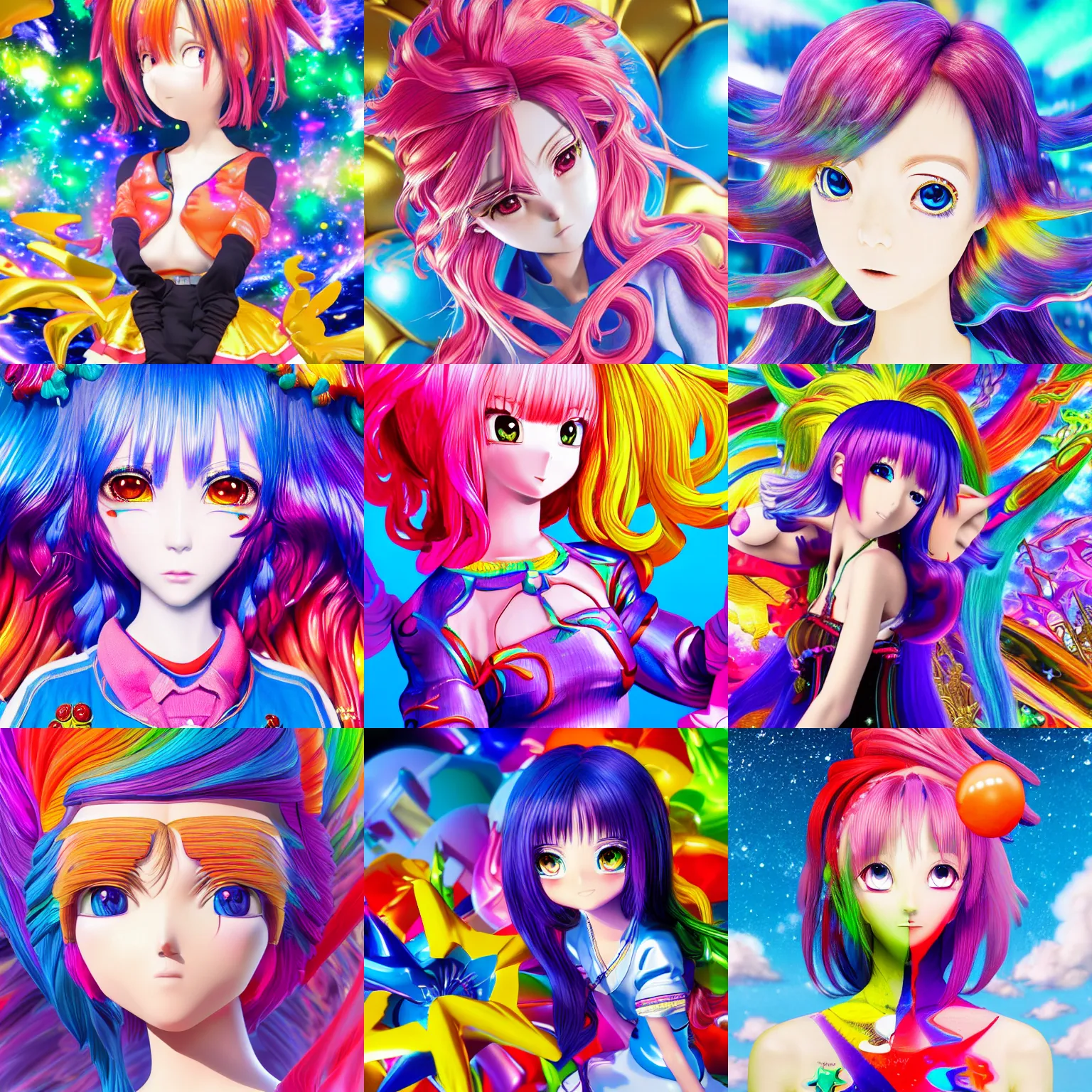 Prompt: Anime girl with cosmic hair, high of the face, Technicolor, Megapixel, Ray Tracing Global Illumination, Starburst, insanely detailed and intricate, hypermaximalist, elegant, ornate, hyper realistic, super detailed, by Jeff Koons