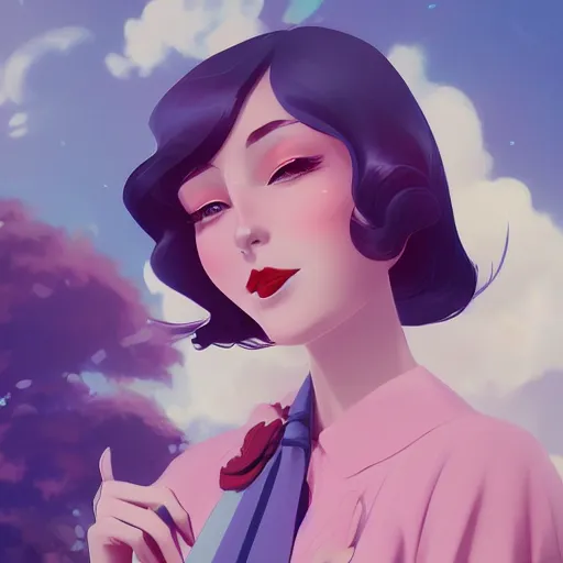 Image similar to a beautiful woman in 1950\'s fashion, park landscape, 4k, anime key visual, lois van baarle, ilya kuvshinov, rossdraws, artstation