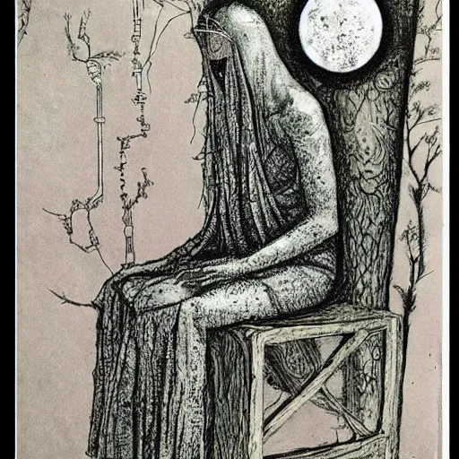 Prompt: A beautiful mixed mediart. Her cell is as bare as mine. She is sitting in the middle, hugging her knees, wrapped in a toga-like garment. scratch art by Shaun Tan, by Virginia Frances Sterrett, by Jean-Louis Forain elaborate