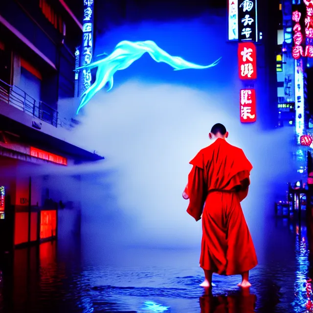 Image similar to cyber monks fight water dance supreme water fist, detailed animal form water, fighting stance energy, shibuya prefecture, cinematic neon uplighting, fog mist smoke, photorealistic, night photography by tomino - sama