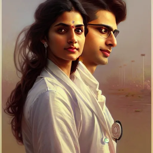 Image similar to Anxious good looking pale young Indian doctors wearing American clothes at the airport, portrait, elegant, intricate, digital painting, artstation, concept art, smooth, sharp focus, illustration, art by artgerm and greg rutkowski and alphonse mucha