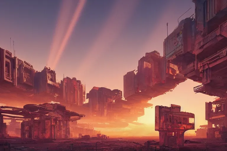 Prompt: a scenic view of an abandoned cyberpunk city in the middle of the desert, sunset, ray of sunlight, Greg Rutkowski, beeple, ultra wide angle, light effect