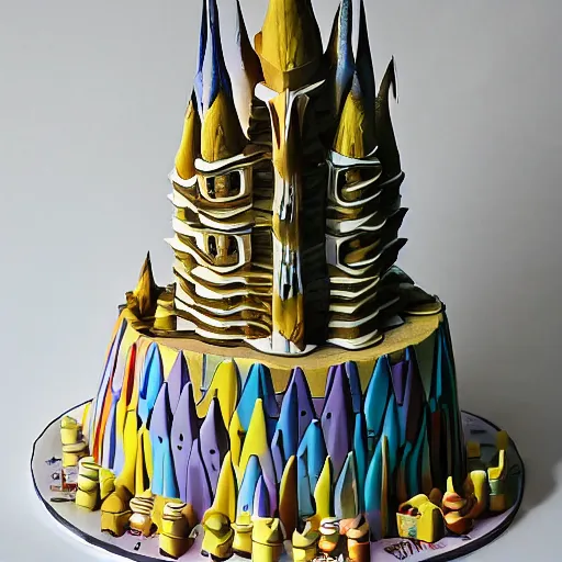 Prompt: a cake design inspired by a city by m. c. escher and gaudi sagrada familia