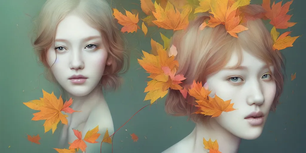 Image similar to highly detailed pastel colors of an ethereal ginger beauty morphing gradually into autumn leaves, by artgerm and hsiao - ron cheng, smooth composition, fine patterns and detail