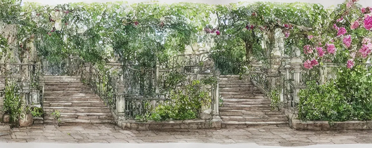 Image similar to wide angle, stairway, chairs, wrought iron gates, tree, delicate water in a botanic garden, garden road, temple in a botanical herbarium paper, watercolor colored painting, iridescent colors, realistic shaded, fine details, artstation, italian style, colonnade, huge flowers, architecture