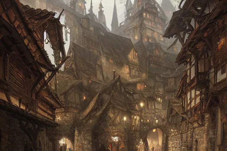 Image similar to dramatic photo of plague-stricken medieval village, highly detailed, digital painting, artstation, concept art, smooth, sharp focus, illustration, art by tian zi and WLOP and alphonse mucha