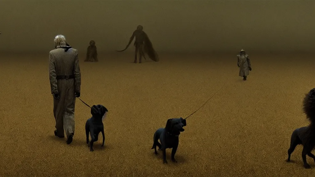 Prompt: the strange creature helps us walk the dog, film still from the movie directed by denis villeneuve and david cronenberg with art direction by salvador dali and zdzisław beksinski