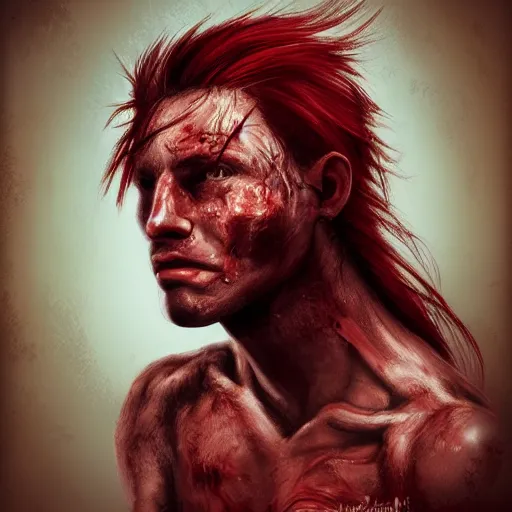 Prompt: portrait, 30 years old man :: red hair ponytail :: burned face, grimy, rough, shirtless :: high detail, digital art, RPG, concept art, illustration