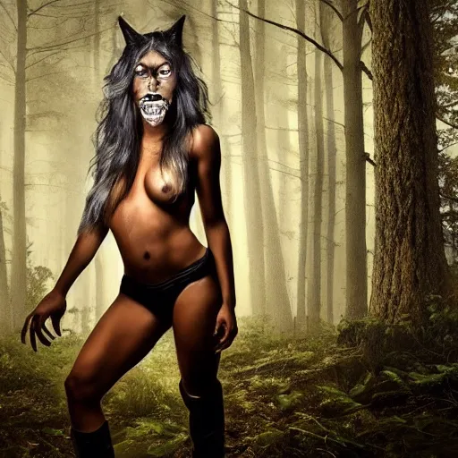 Image similar to photo of a beautiful woman partially transforming into a werewolf, in the moonlit forest. physiological transformation ; hybrid creature. highly - detailed ; photorealistic.