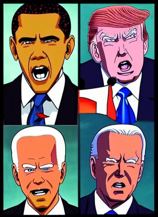 Image similar to : obama trump and biden as anime cartoon character design dragonball z