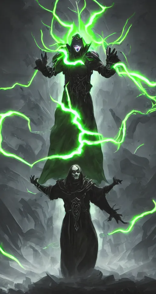 Image similar to illustration of dark priest holding green lightning, black halo, evil, power, green mist, scary, photorealistic, unreal engine, hellish background , Mtg , Dnd ,