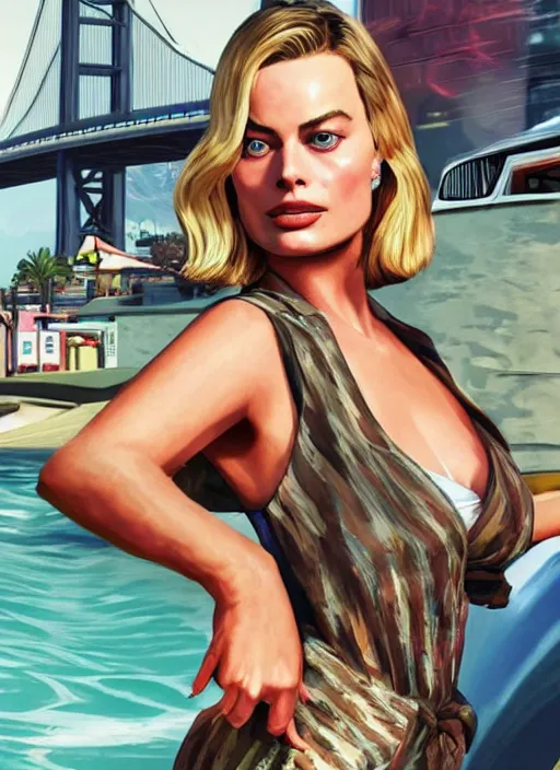 Image similar to margot robbie on gta v game poster, highly detailed