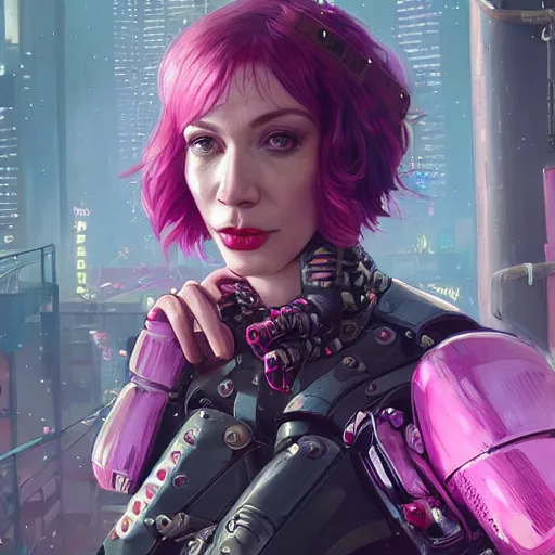 Prompt: highly detailed upper body portrait christina hendricks wearing shiny metallic pink plastic armor cyberpunk in gta v, stephen bliss, unreal engine, fantasy art by greg rutkowski, loish, rhads, ferdinand knab, makoto shinkai and lois van baarle, ilya kuvshinov, rossdraws, tom bagshaw, global illumination, radiant light, detailed and intricate environment