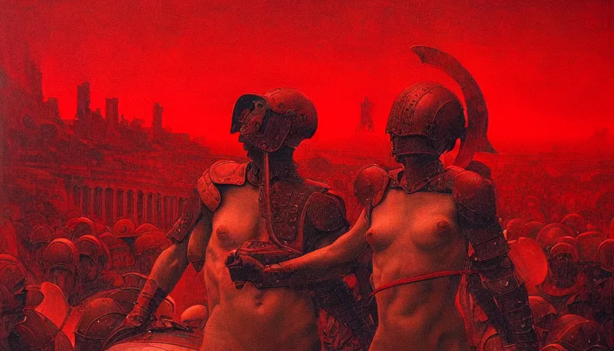 Image similar to only with red, a lightly armored gladiator in a crowded roman amphitheatre, crowd cheering, in the style of beksinski and edward hopper and rodcenko and yue minjun and artgerm, intricate and epic composition, red by caravaggio, highly detailed, masterpiece, red light, artstation, art nouveau