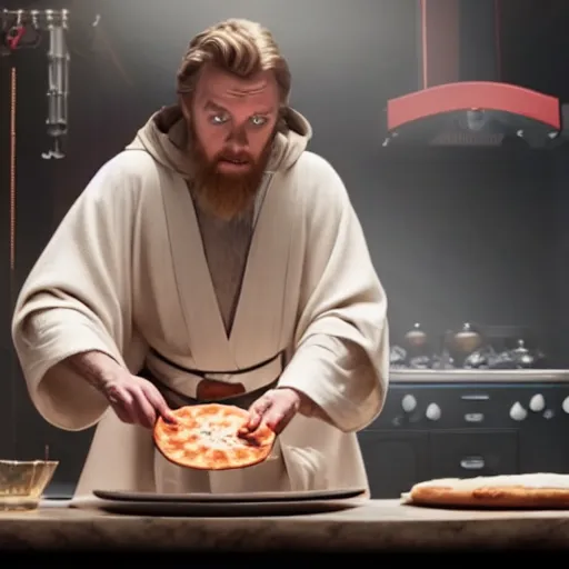 Prompt: A still of Alec Guinnes as Obi-Wan Kenobi making a pizza, 4k, photograph, ultra realistic, highly detailed, professional lighting