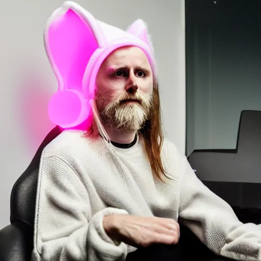 Prompt: professional portrait of Varg Vikernes wearing a pair of pink cat ear headphones and a white sweater sitting in a gaming chair, 8k, dslr,