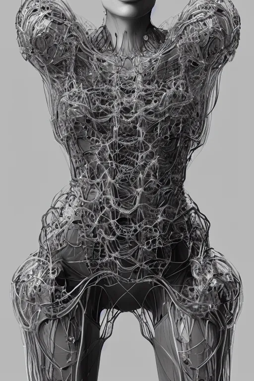 Image similar to iris van herpen, perfect symmetrical body, full body shot, inflateble shapes, wires, tubes, veins, jellyfish, white biomechanical details, wearing epic bionic cyborg implants, masterpiece, intricate, biopunk, vogue, highly detailed, artstation, concept art, cyberpunk, octane render