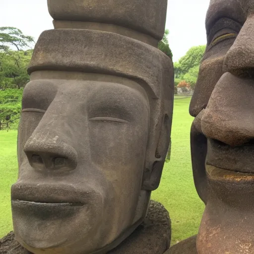 Image similar to a man hugging a giant moai statue