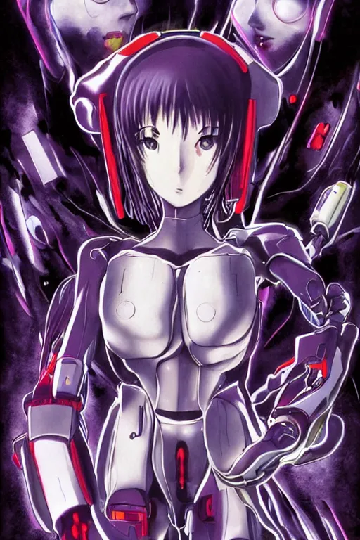 Prompt: beautiful coherent award-winning manga OVA DVD cover art of a mysterious lonely cyborg anime woman wearing a plugsuit, serial experiments lain, neon genesis evangelion, anime, animated, painted by tsutomu nihei