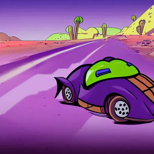 Prompt: turtle driving a fast purple car in the desert, trending on artstation, cinematic