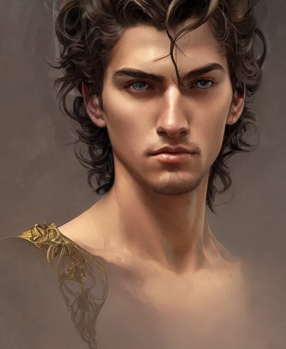 Image similar to portrait close up of young guy, concentrated look at the camera, symmetry, d & d, fantasy, intricate, elegant, highly detailed, digital painting, artstation, concept art, art by artgerm and greg rutkowski and alphonse mucha, boris vallejo