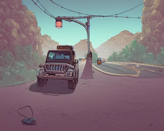 Image similar to a study of cell shaded cartoon frog driving a jeep on a desert road, street lamps, road, illustration, wide shot, subtle colors, post grunge, concept art by josan gonzales and wlop, by james jean, victo ngai, highly detailed, sharp focus, trending on artstation, hq, deviantart, art by artgem