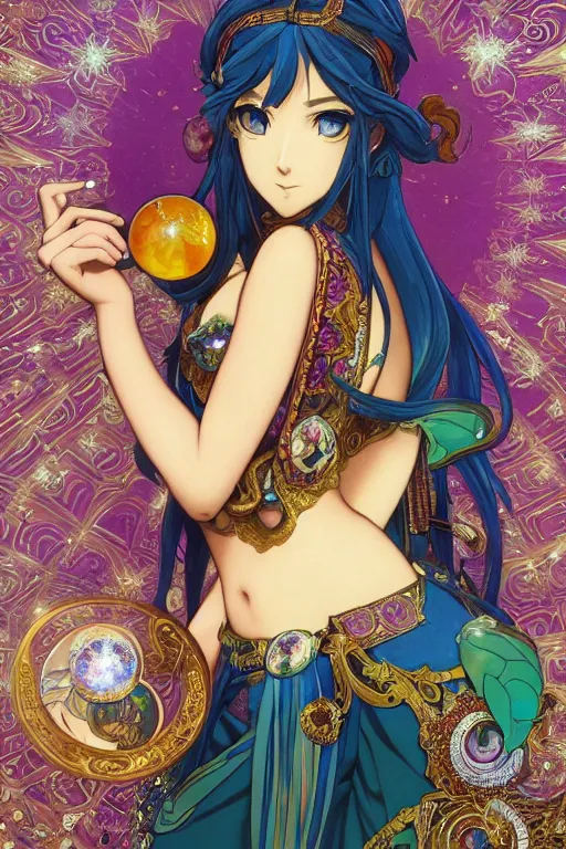 Image similar to psychedelic, intricate, highly detailed, anime, 4k, beautiful seductive lucina from fire emblem holding a crystal containing the universe, with professional makeup, long trippy hair, surrounded by gems, underneath the stars, trending on patreon, deviantart, twitter, artstation, volumetric lighting, heavy contrast, by artgerm and Ilya Kuvshinov and alphonse mucha