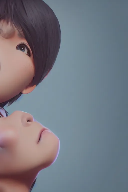 Image similar to a cute Asian girl singing, short stylish hair in the style of DreamWorks animation, mid-shot, profile, low angle view, 16mm lens, award winning, hyper detailed, studio lighting, artstation, octane renderer, unreal engine