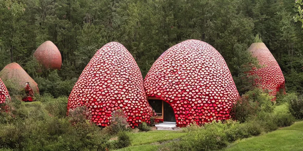 Image similar to cozy residence made from an enormous amantia muscaria toadstool