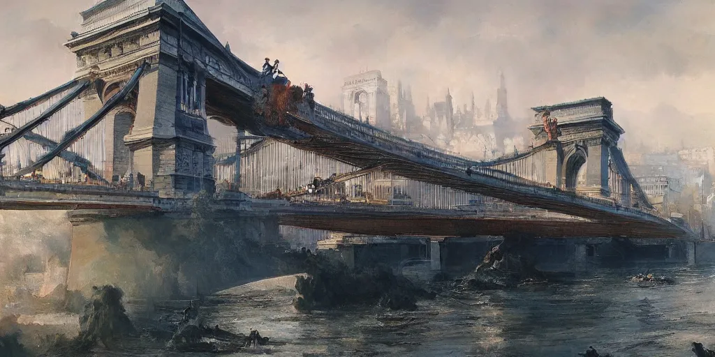 Prompt: kaiju in budapest, chain bridge painting, greg rutkowski, craig mullins, detailed, cinematic