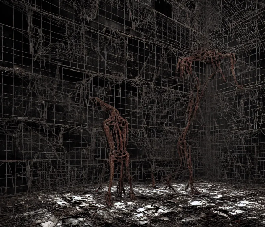 Image similar to creepy huge humanoid with long limbs sits on the floor. An underground very dark gloomy multi-layered structure of rusty thick iron grates, dense chain-link fencing and peeling walls. Inside view, collapsed floors, bent rusted iron, masterpiece, black background, corners, cinematic, hyperdetailed, photorealistic, hyperrealism, octane render, 8k, depth of field, bokeh, architecture, shadows, art by Zdzisław Beksiński, Dariusz Zawadzki