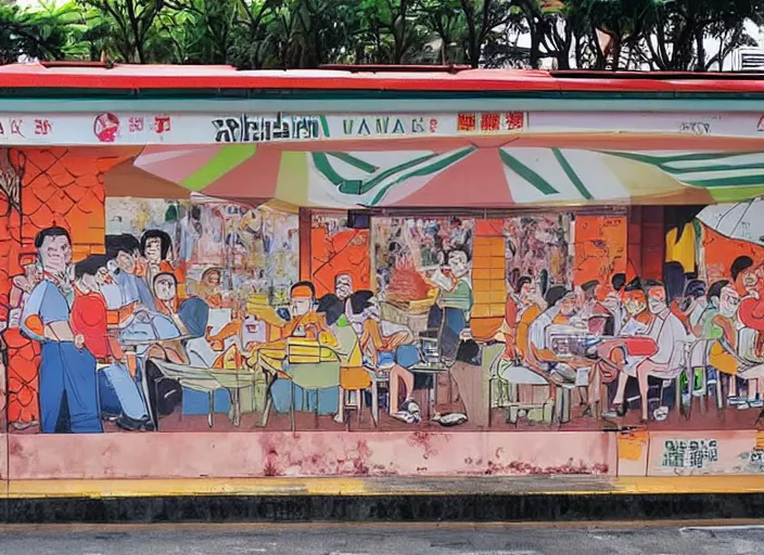 Prompt: Singapore prime ministers in a hawker centre, by Yip Yew Chong, street art