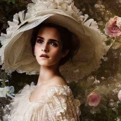 Image similar to washed out on worn out canvas textured canvas wall full body fashion model emma watson smokey eyes makeup eye shadow fantasy, glow, shimmer as victorian woman in a long white frilly lace dress and a large white hat having tea in a sunroom filled with flowers, roses and lush fern flowers ,intricate, night, highly detailed, dramatic lighting , high quality