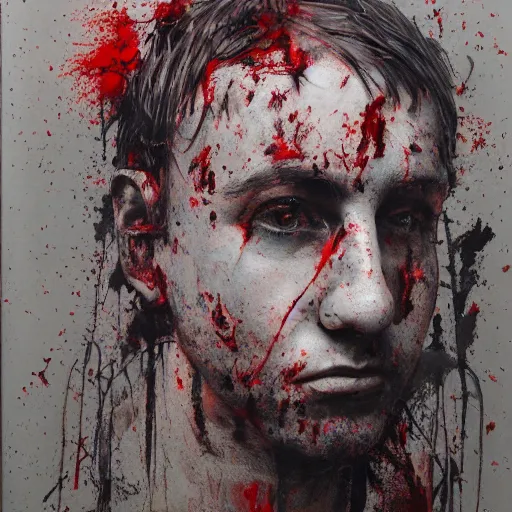 Prompt: matte portrait of a depressed young man covered in dirt and blood, by Antony Micallef by Camille Rose Garcia