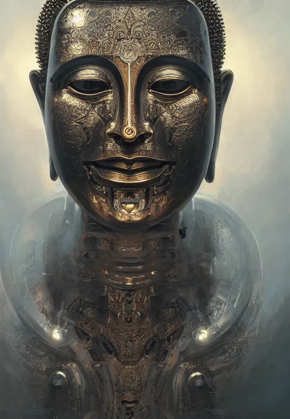 Prompt: perfectly centered and symmetrical portrait of a 3 faced biomechanical robot buddha, intense stare, sarcastic smile, volumetric lighting, volumetric shadows, intricate details, realistic oil painting by greg rutkowski,