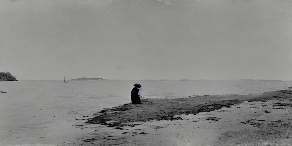 Image similar to a young edwardian woman fishing on a small beach, old yellowed black and white photograph