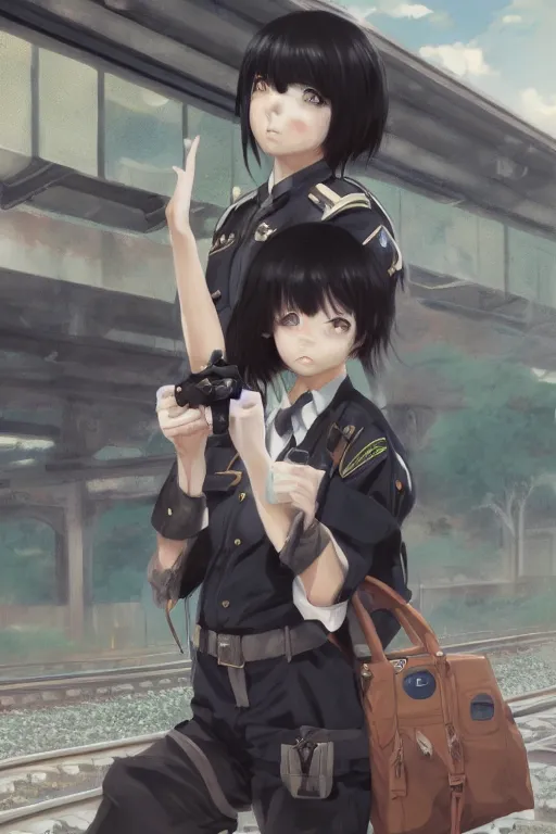 Prompt: anime girl with short black hair wearing military clothes at a train station in japan, aesthetic, wlop, digital painting, trending on artstation, highly detailed, epic composition, 8 k uhd