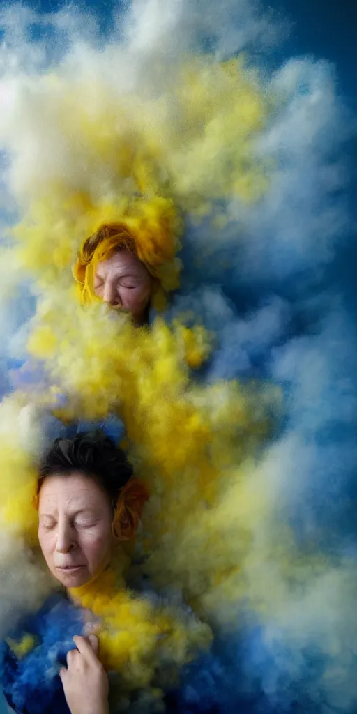 Image similar to woman crying covered in yellow and blue clouds, by kim keever