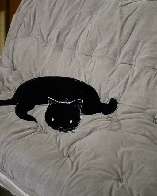 Image similar to 'huge black cat sitting on pillow' by junji ito