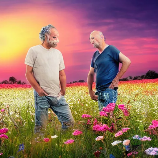 Image similar to a man is white and balding, and middle aged, and the other man is latino and skinny, together in a field of flowers at sunset, realistic, intricate, 4k