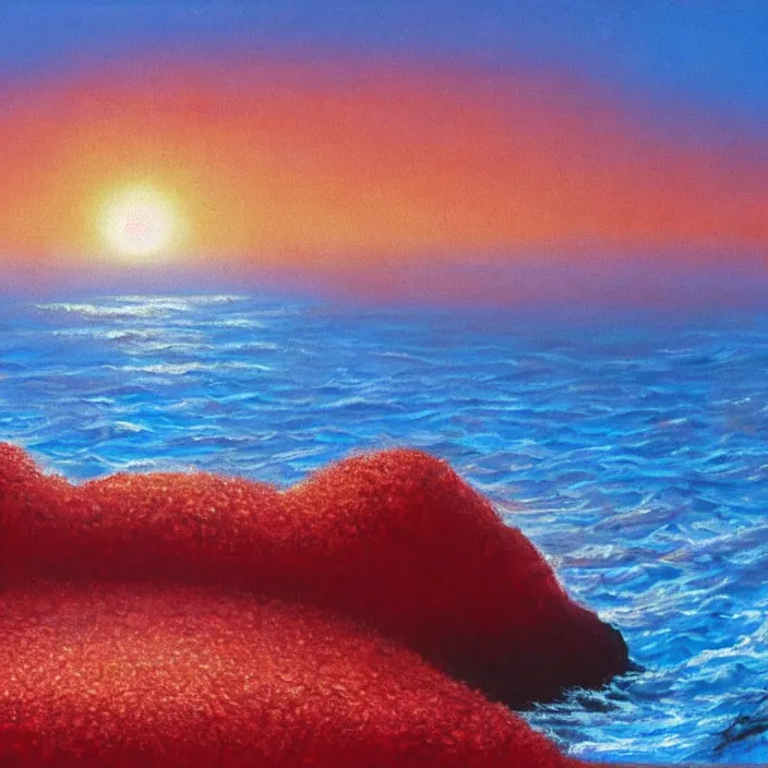 Image similar to a alien planet with a red ocean and blue sand and rocks at sunrise, bob ross painting, high coherence, highly detailed, high quality, masterpiece, award - winner, hyperrealistic