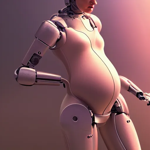 Image similar to pregnant female cyborg, robot anatomy elements, female body elements, cozy atmospheric and cinematic lighting, ultra rendered extreme realism and detail, 8 k, linear gamma, dynamic pose, dissolution filter, turbulence filter, sophisticated composition, old masters light composition, procedurally generated, pbr, photorealistic, sharp focus