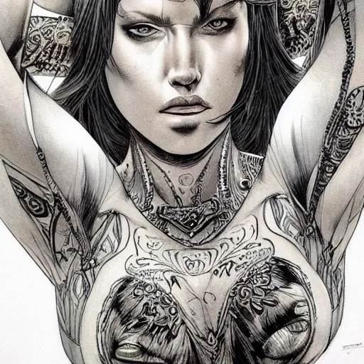 Image similar to a beautiful portrait of a heavily tattooed Roman woman Travis Charest style