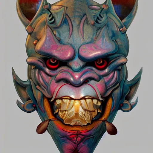 Image similar to prompt : oni mask character portrait soft light painted by james jean and katsuhiro otomo and erik jones, inspired by evangeleon anime, smooth face feature, intricate oil painting, high detail illustration, sharp high detail, manga and anime 1 9 9 9