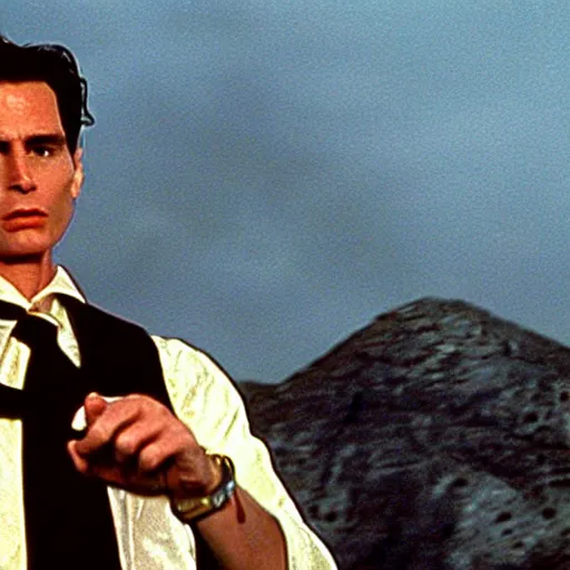 Prompt: film still of patrick bateman holding the one ring at mount doom in the return of the king