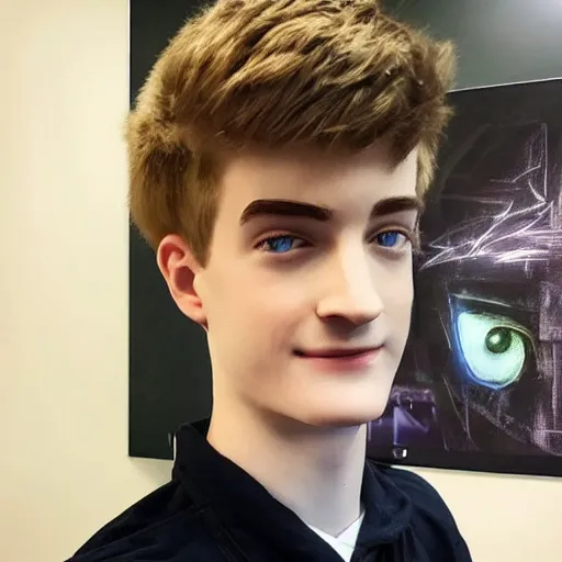 Image similar to “a realistic detailed photo of a guy who is an attractive humanoid who is half robot and half humanoid, who is a male android, twitch streamer Ninja Tyler Blevins, shiny skin, posing like a statue, blank stare, gaming room, close up”