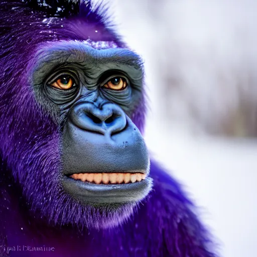 Image similar to a purple gorila, in snow, close up 4 k